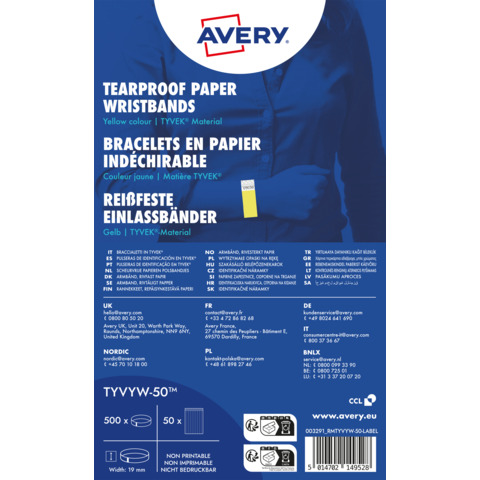 Braccialetti identificativi in Tyvek® Avery resistenti all'acqua - conf. 500 pz - giallo fluo - TYVYW-50